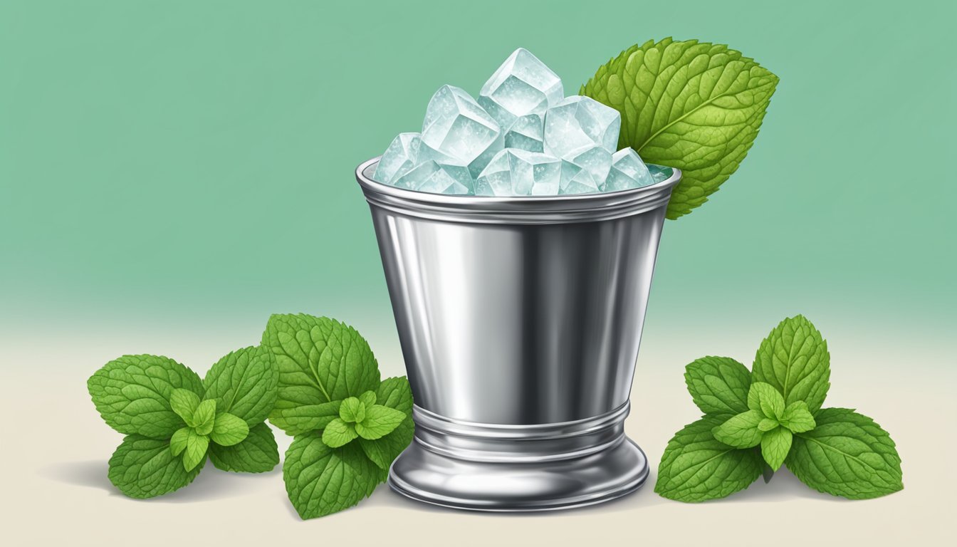 A silver julep cup filled with crushed ice, fresh mint leaves, sugar, and bourbon, with a sprig of mint for garnish