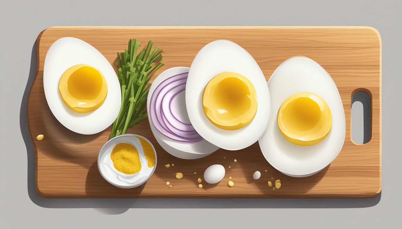 A wooden cutting board with halved hard-boiled eggs, a bowl of mayo and mustard, and a sprinkle of paprika and chives