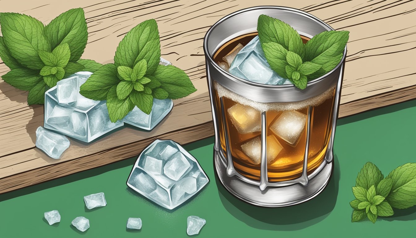 A rustic wooden bar with a silver julep cup filled with crushed ice, fresh mint, and bourbon, garnished with a sprig of mint