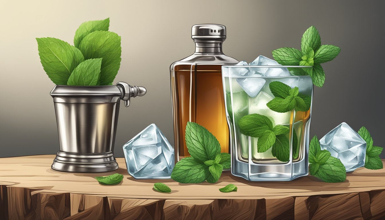 A rustic wooden bar with a silver cocktail shaker, fresh mint leaves, crushed ice, bourbon, and simple syrup arranged neatly on the surface