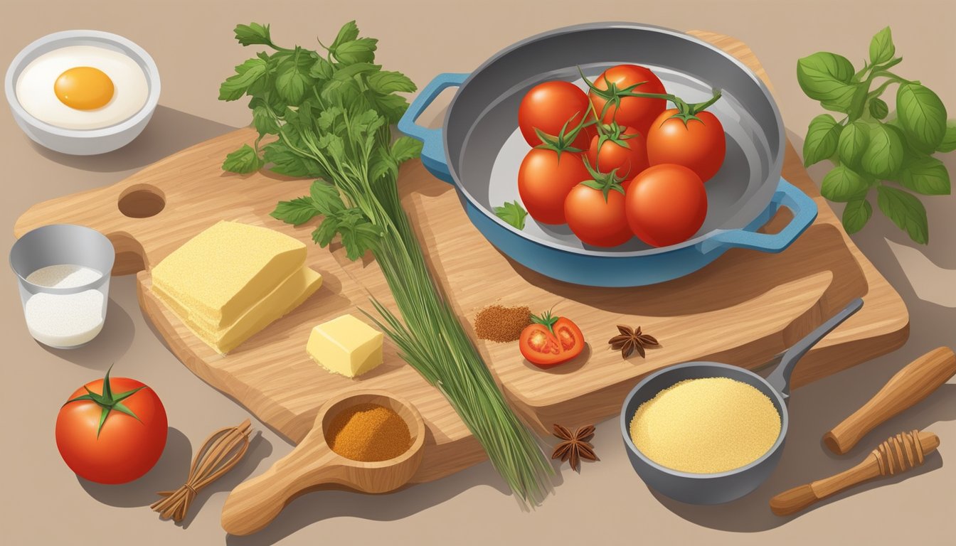 A wooden cutting board with tomatoes, cornmeal, eggs, and spices. A mixing bowl, whisk, and frying pan sit on a kitchen counter