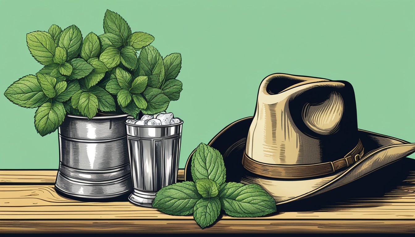 A rustic wooden bar with cowboy hat, cowboy boots, and a mint julep in a silver cup with a sprig of mint