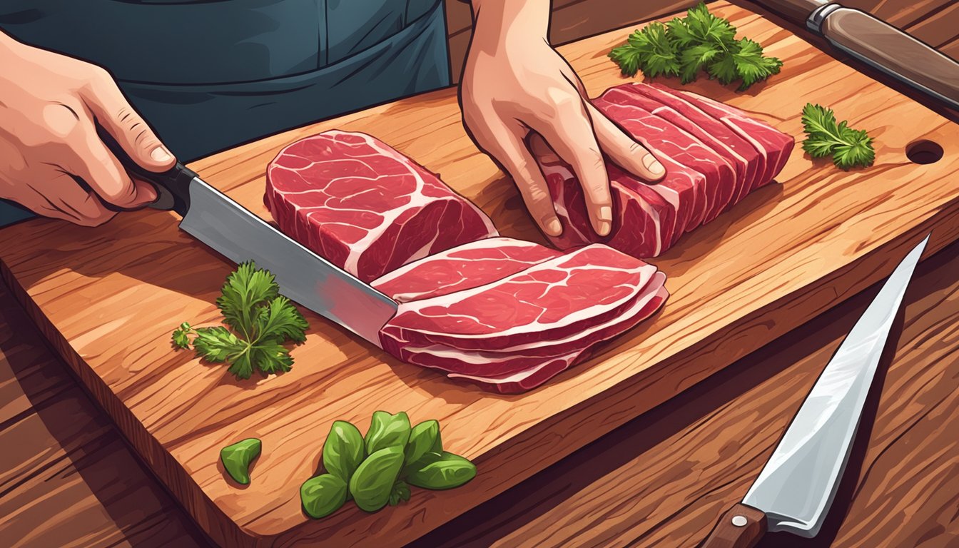 A butcher slicing a raw Texas-style beef carpaccio with a sharp knife on a wooden cutting board