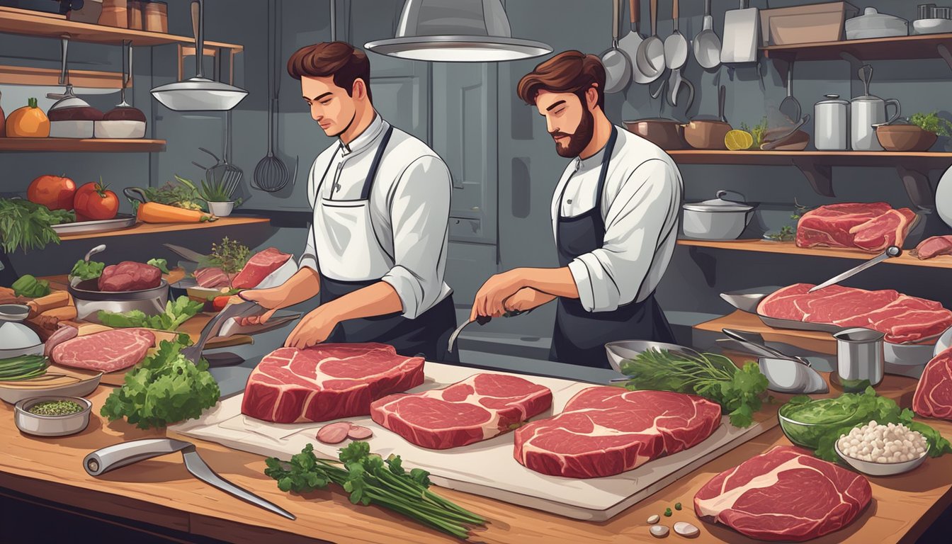 A butcher selecting a prime beef cut, surrounded by various kitchen utensils and ingredients for preparing Texas style beef carpaccio