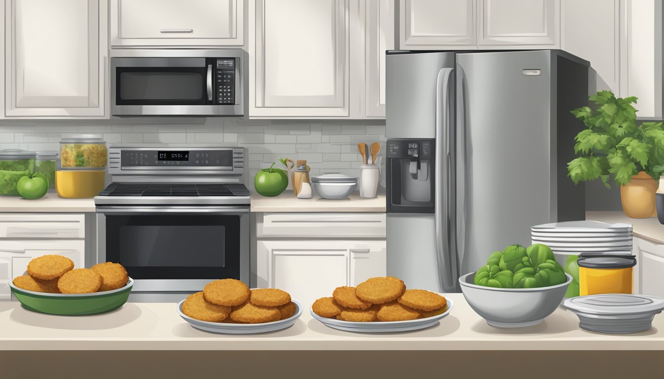 A kitchen counter with a plate of fried green tomatoes, airtight containers for storage, and a microwave for reheating