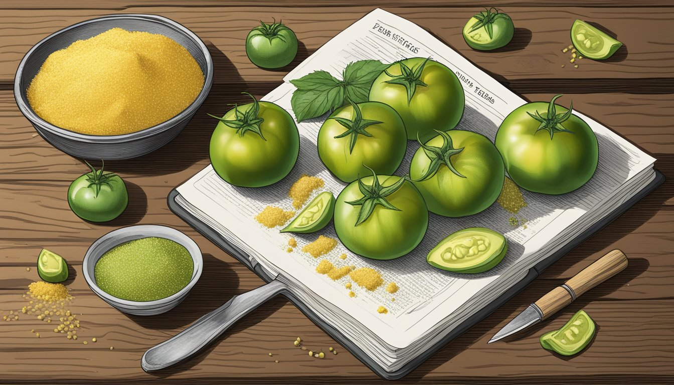 Fresh green tomatoes, cornmeal, and spices laid out on a rustic wooden table, with a recipe book open to "Texas Style Fried Green Tomatoes."