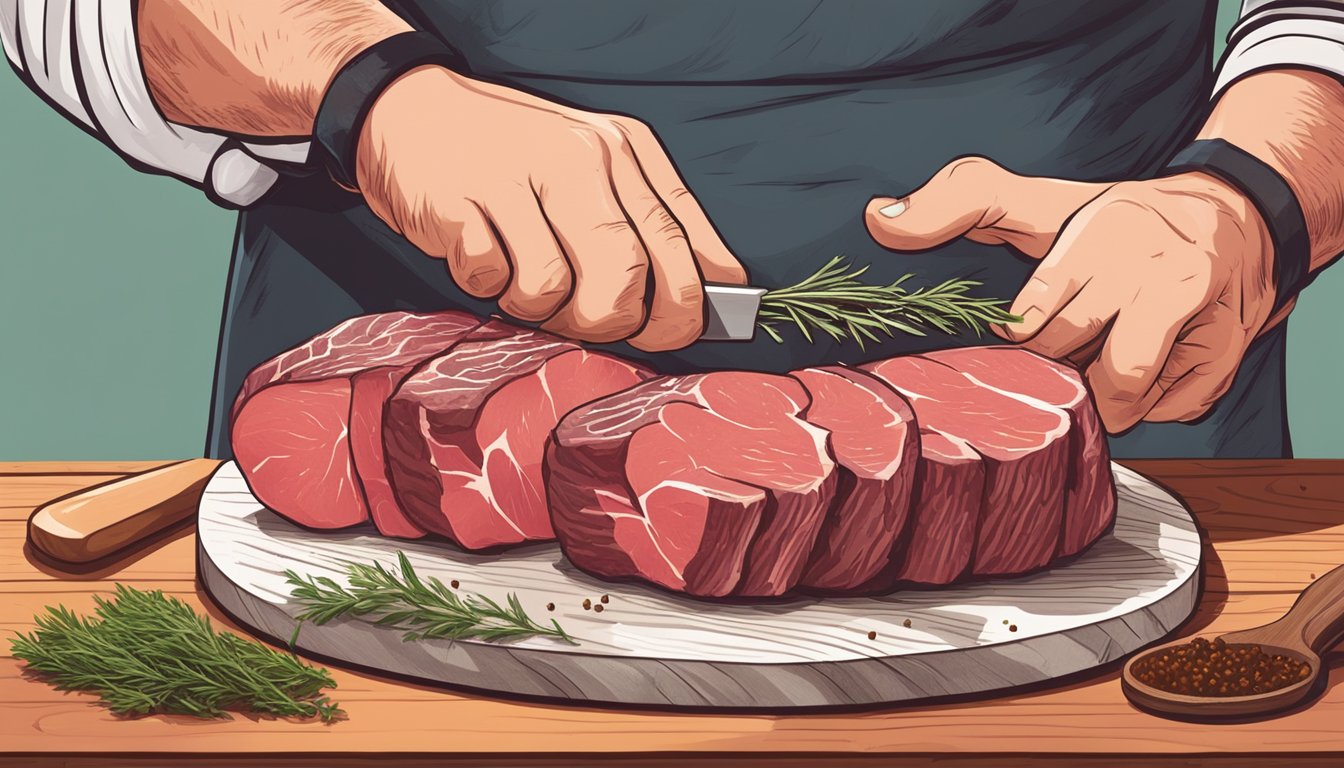 A butcher slicing a raw beef tenderloin into thin, even slices on a wooden cutting board, surrounded by Texas-style seasoning and herbs