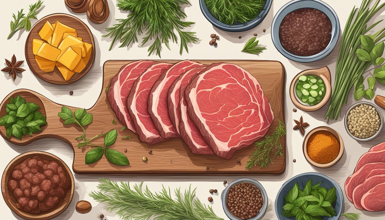 A wooden cutting board with thinly sliced raw beef, surrounded by various herbs, spices, and condiments