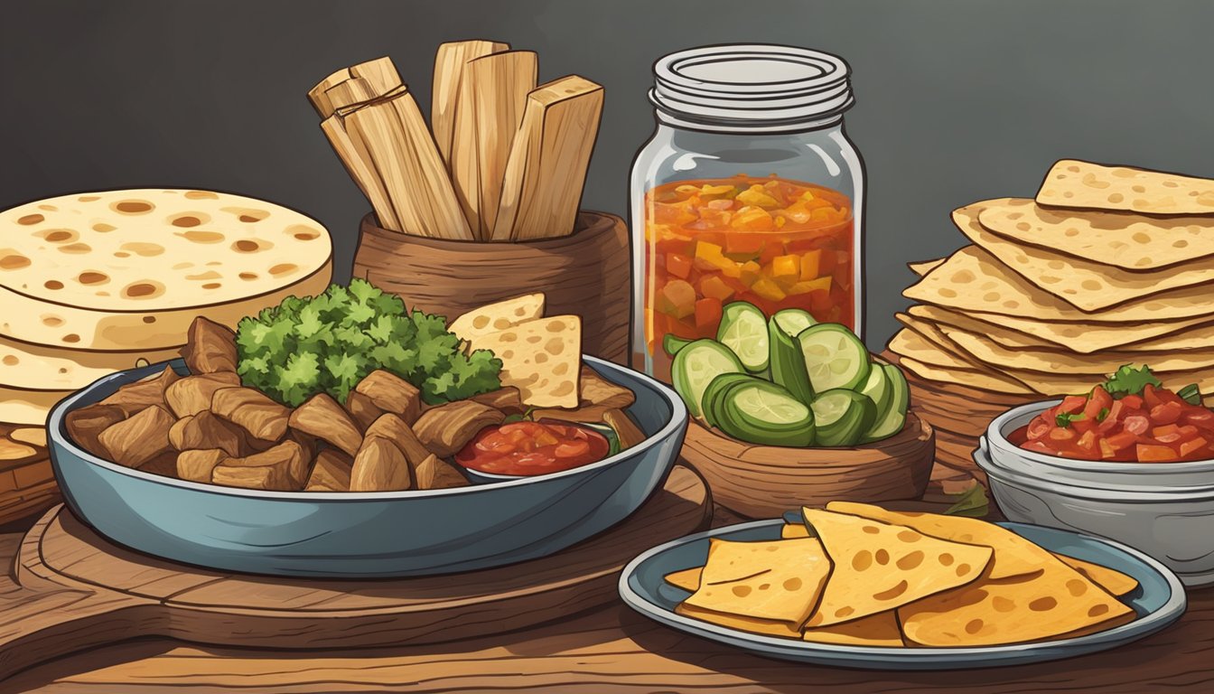 A rustic wooden platter holds a spread of smoked meats, pickled vegetables, and spicy cheeses, accompanied by a stack of warm tortillas and a jar of tangy salsa