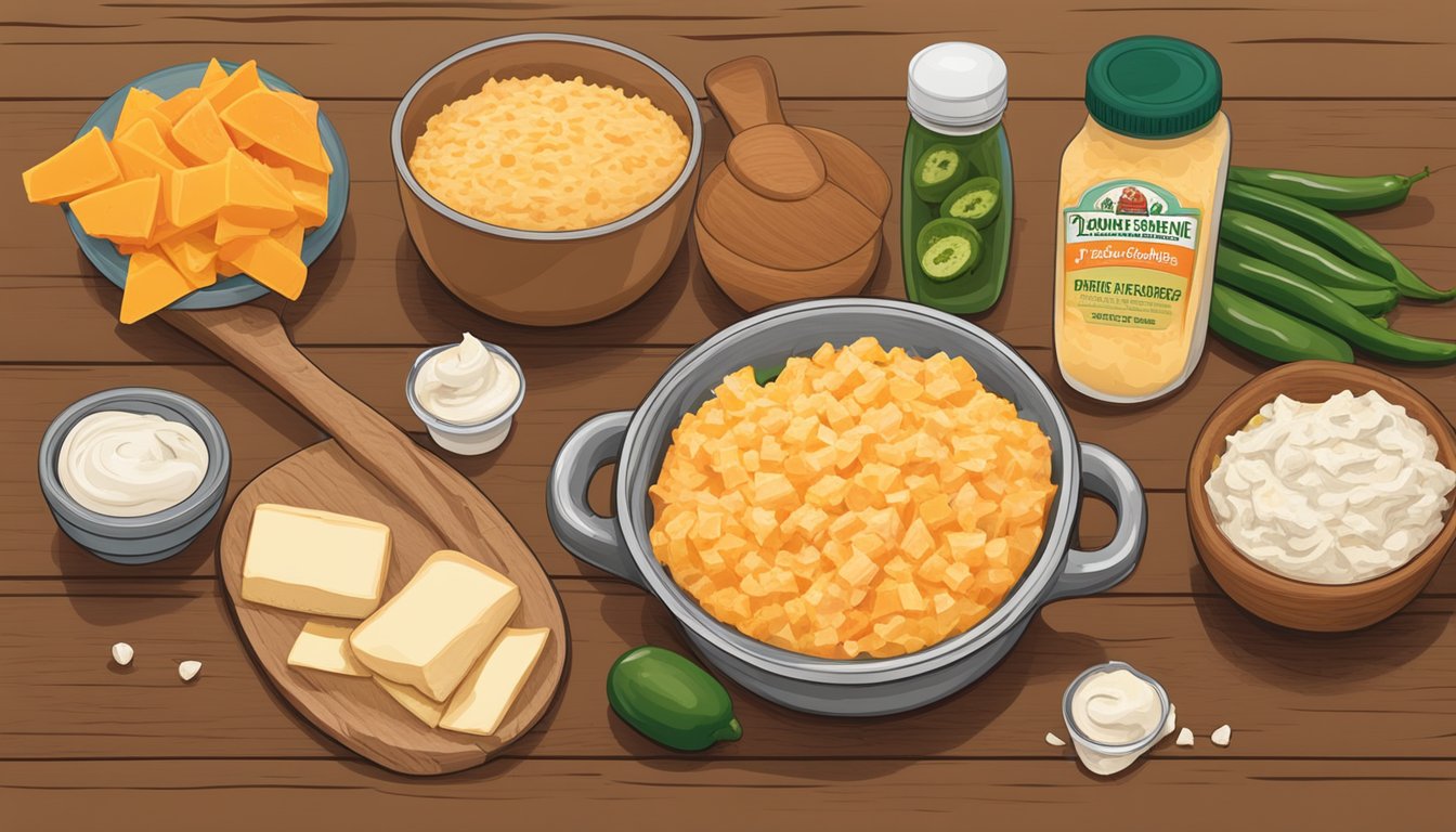 A rustic kitchen table set with ingredients for Texas-style pimento cheese spread: sharp cheddar, cream cheese, diced pimentos, jalapeños, and a wooden mixing bowl