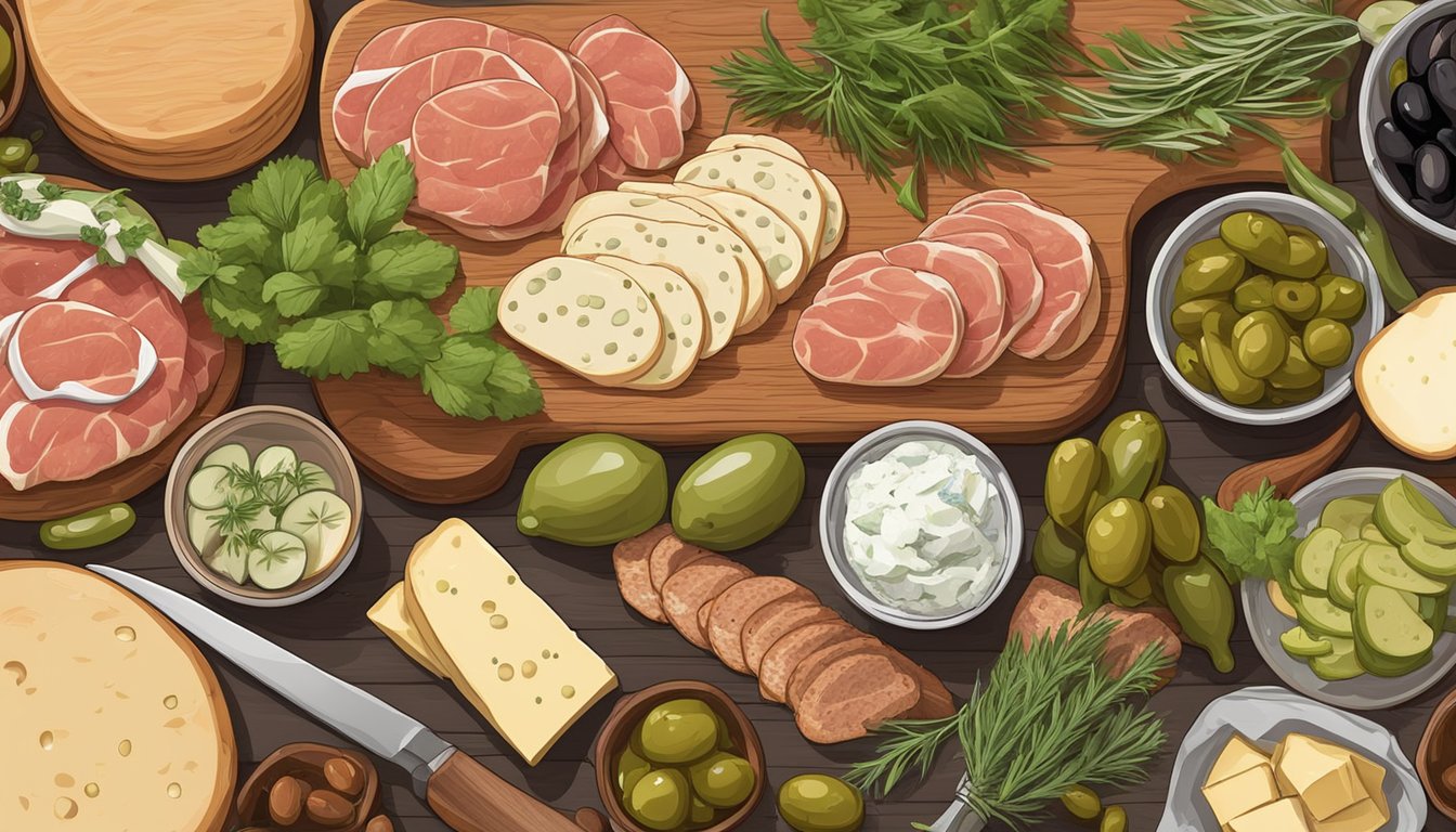 A rustic wooden cutting board piled high with assorted quality meats, cheeses, pickles, and olives, surrounded by fresh herbs and sliced bread