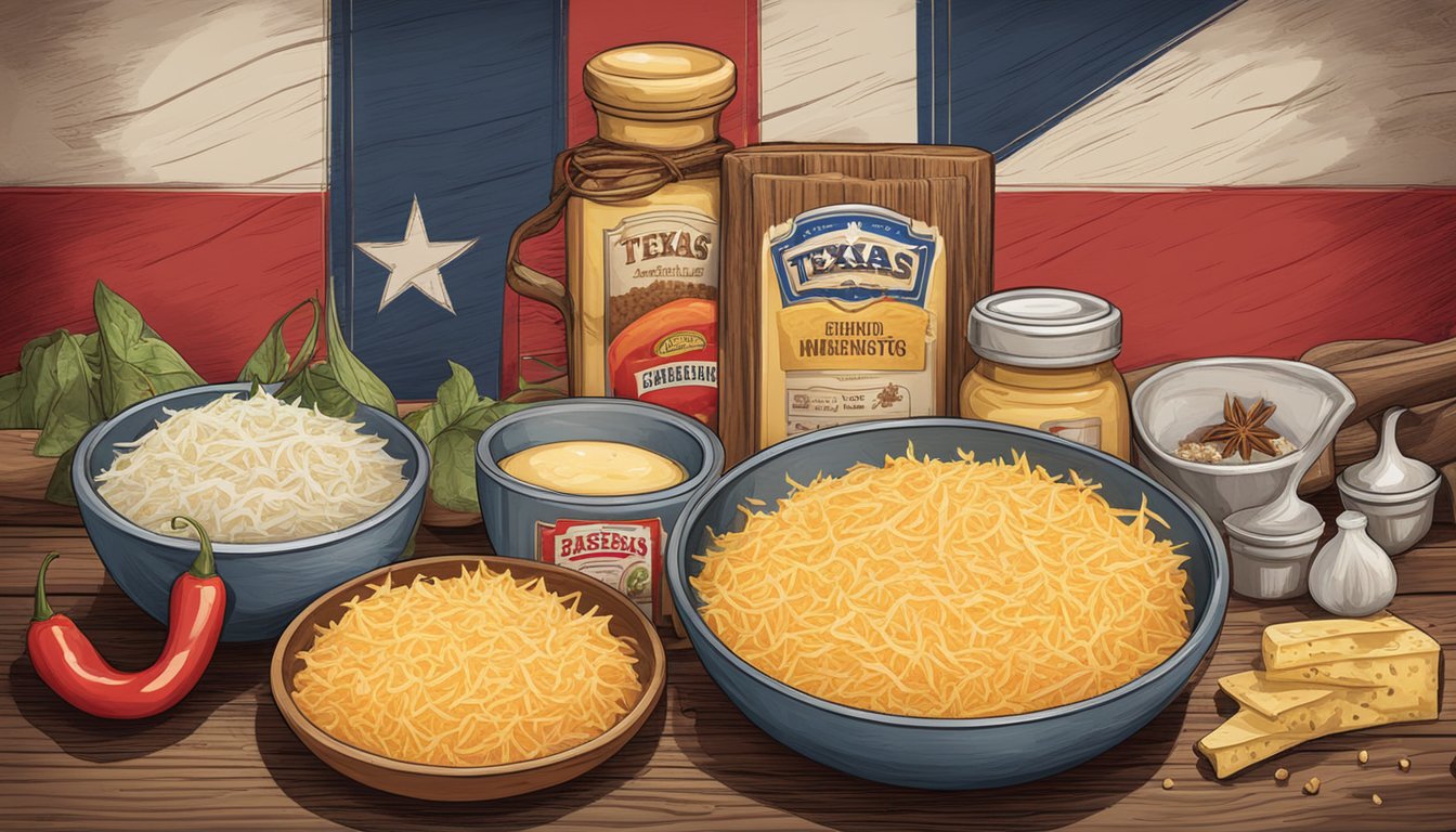 A rustic wooden table with bowls of shredded cheese, diced pimentos, mayonnaise, and spices, surrounded by a Texas flag and vintage kitchen utensils