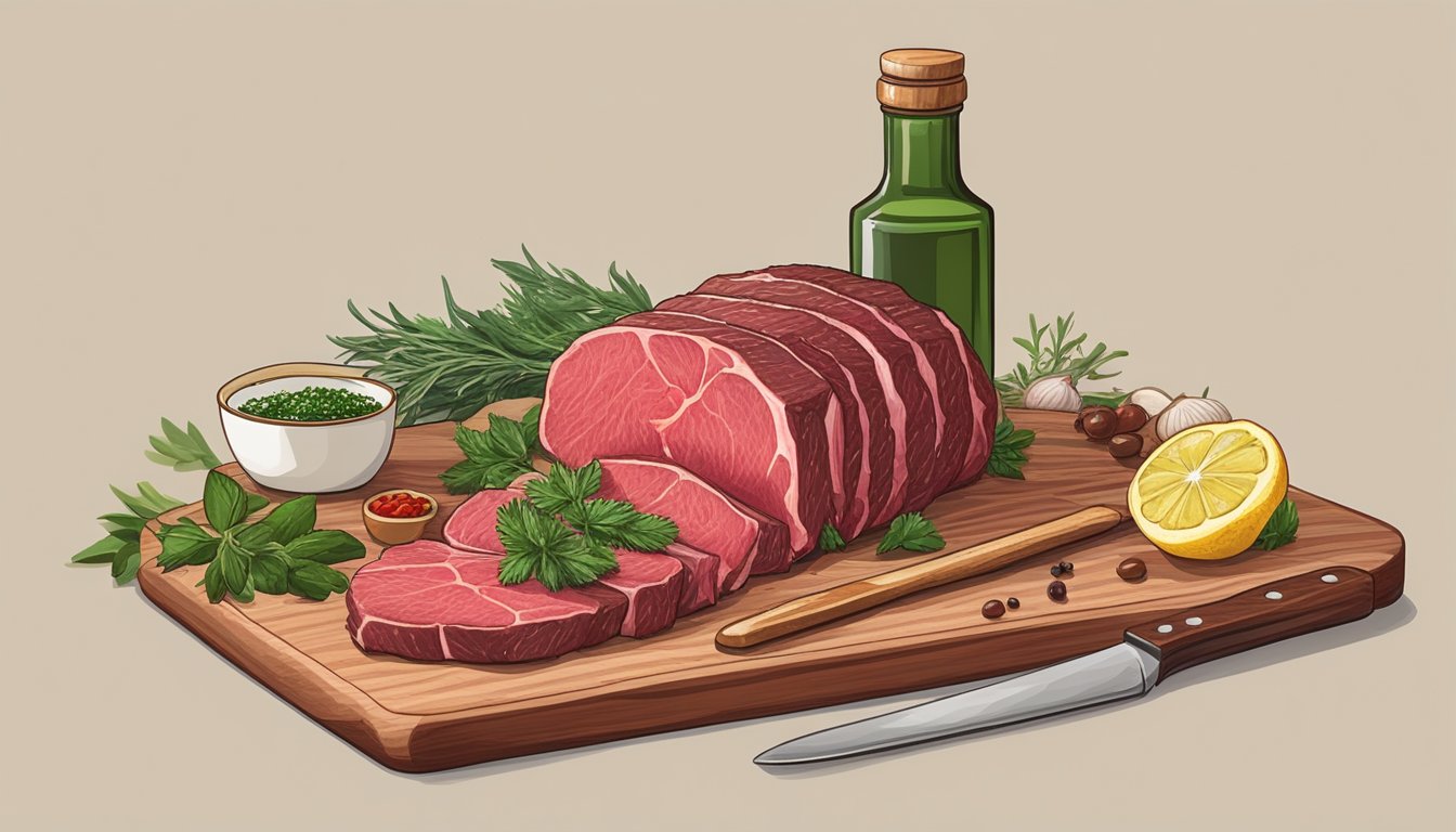 A butcher slicing a raw beef tenderloin on a wooden cutting board, surrounded by fresh herbs, spices, and a bottle of olive oil