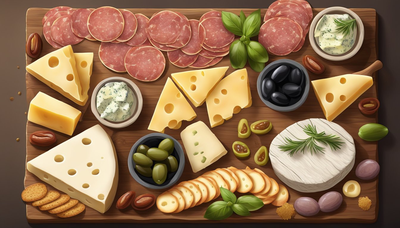 A rustic wooden board adorned with an assortment of cheeses, cured meats, pickles, olives, and crackers, arranged in a visually appealing manner