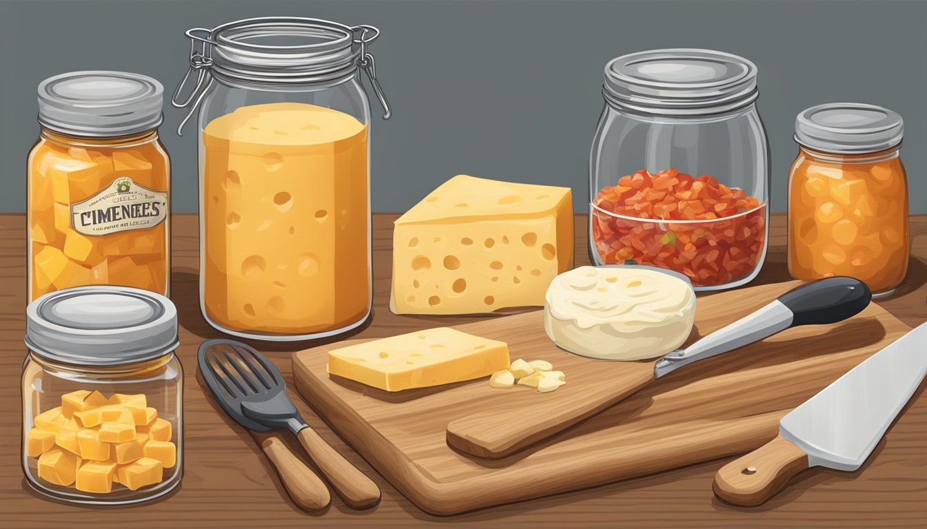 A wooden cutting board with ingredients and utensils to make pimento cheese spread, including a block of cheddar cheese, jar of pimentos, mayonnaise, and a mixing bowl