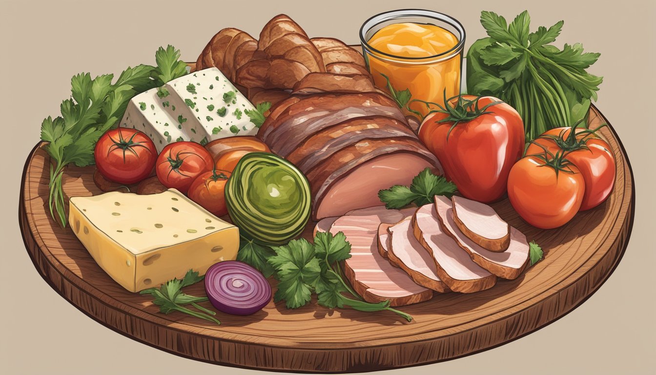 A rustic wooden platter filled with sliced meats, cheeses, pickled vegetables, and fresh Texas produce like tomatoes, jalapeños, and cilantro