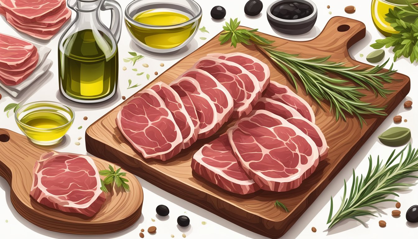 A rustic wooden cutting board with thinly sliced raw beef, surrounded by small dishes of olive oil, salt, pepper, and fresh herbs