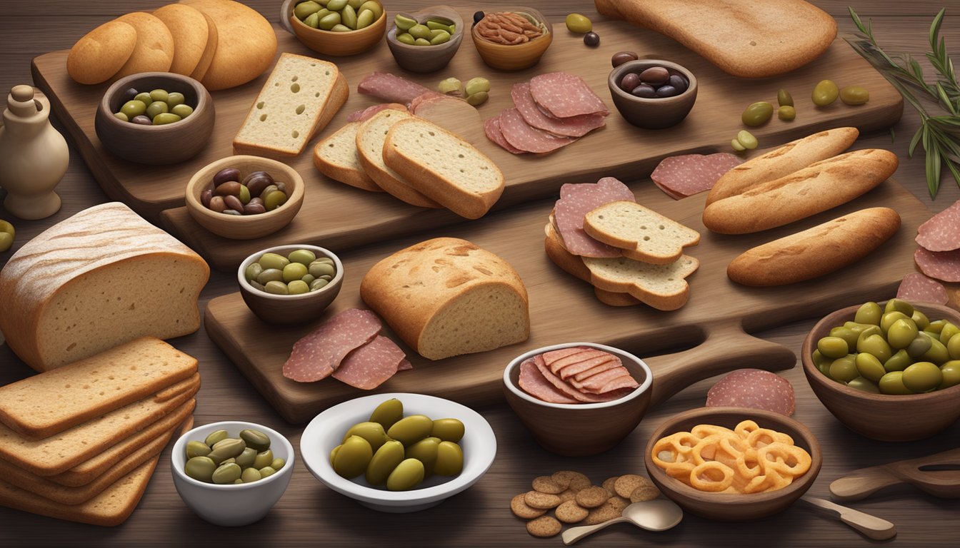 A rustic wooden board holds an array of artisanal breads and crackers, surrounded by bowls of olives, pickles, and cured meats