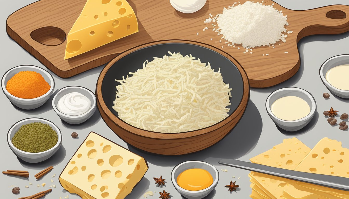 A wooden cutting board with a bowl of grated cheese, diced pimentos, mayonnaise, and spices, surrounded by measuring spoons and a recipe card