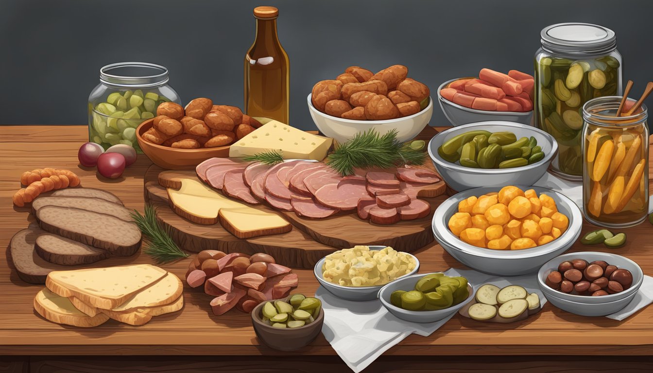 A rustic wooden table adorned with a variety of Texas-style antipasto ingredients, including smoked meats, cheeses, pickles, and bread