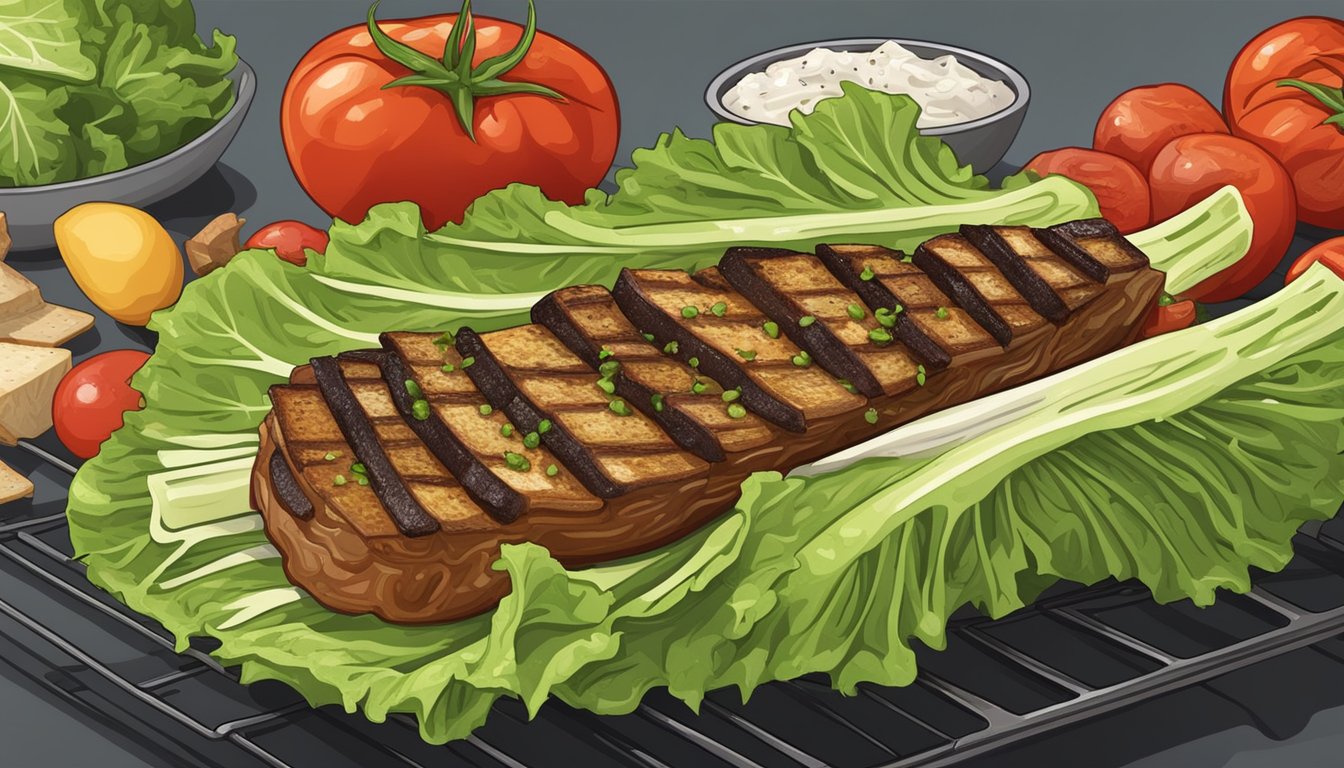 A romaine lettuce half grilling on a barbecue, with char marks and a sprinkle of seasoning, surrounded by ingredients like tomatoes, onions, and croutons