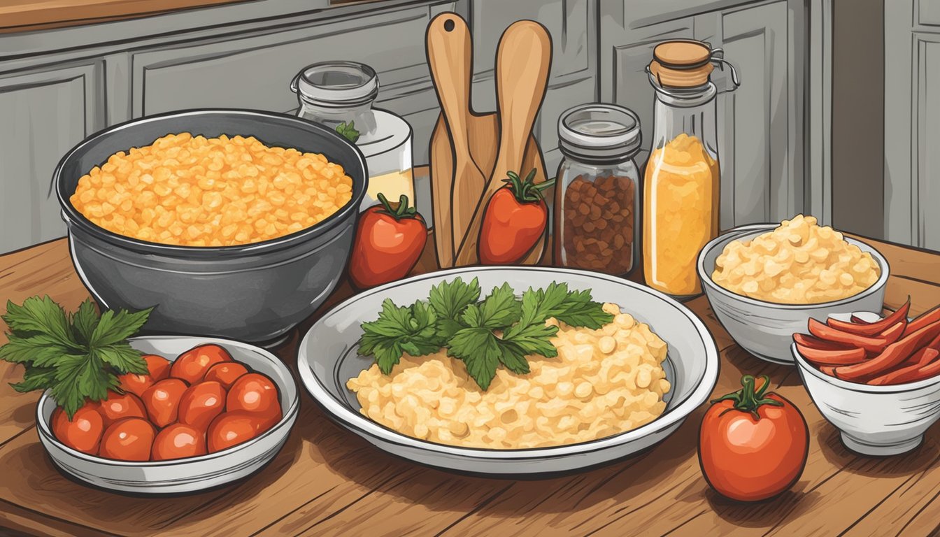 A rustic kitchen counter with ingredients and utensils for making Texas-style pimento cheese spread