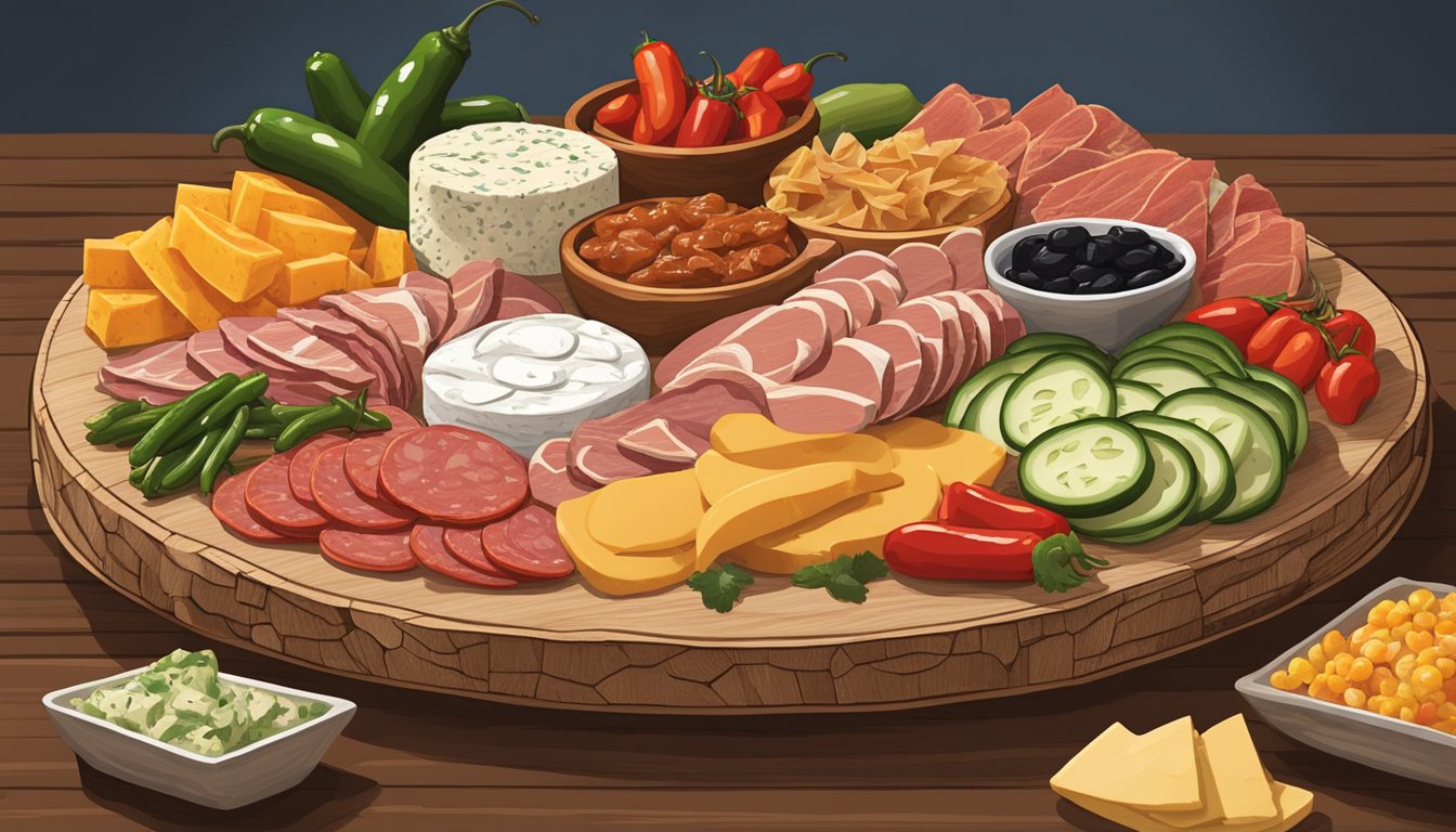 A rustic wooden platter holds an array of Texas-style antipasto: sliced meats, cheeses, pickled vegetables, and spicy jalapeno peppers, all arranged in an artful and appetizing display