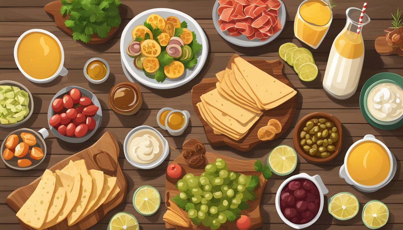 A rustic wooden table adorned with a variety of Texas-style antipasto platter ingredients, surrounded by an assortment of beverages