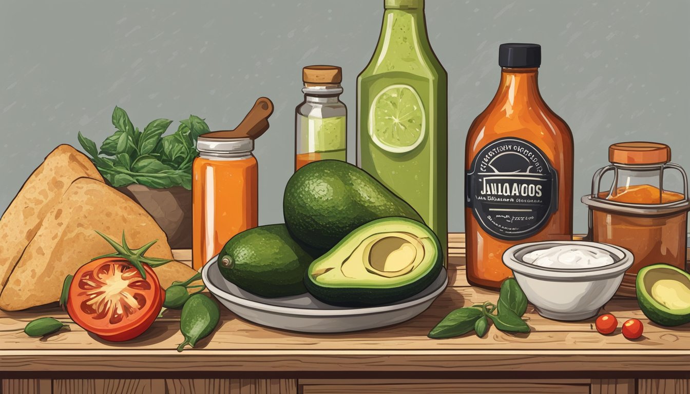 A rustic kitchen counter with ingredients: ripe avocados, crusty bread, jalapeños, tomatoes, and a bottle of hot sauce