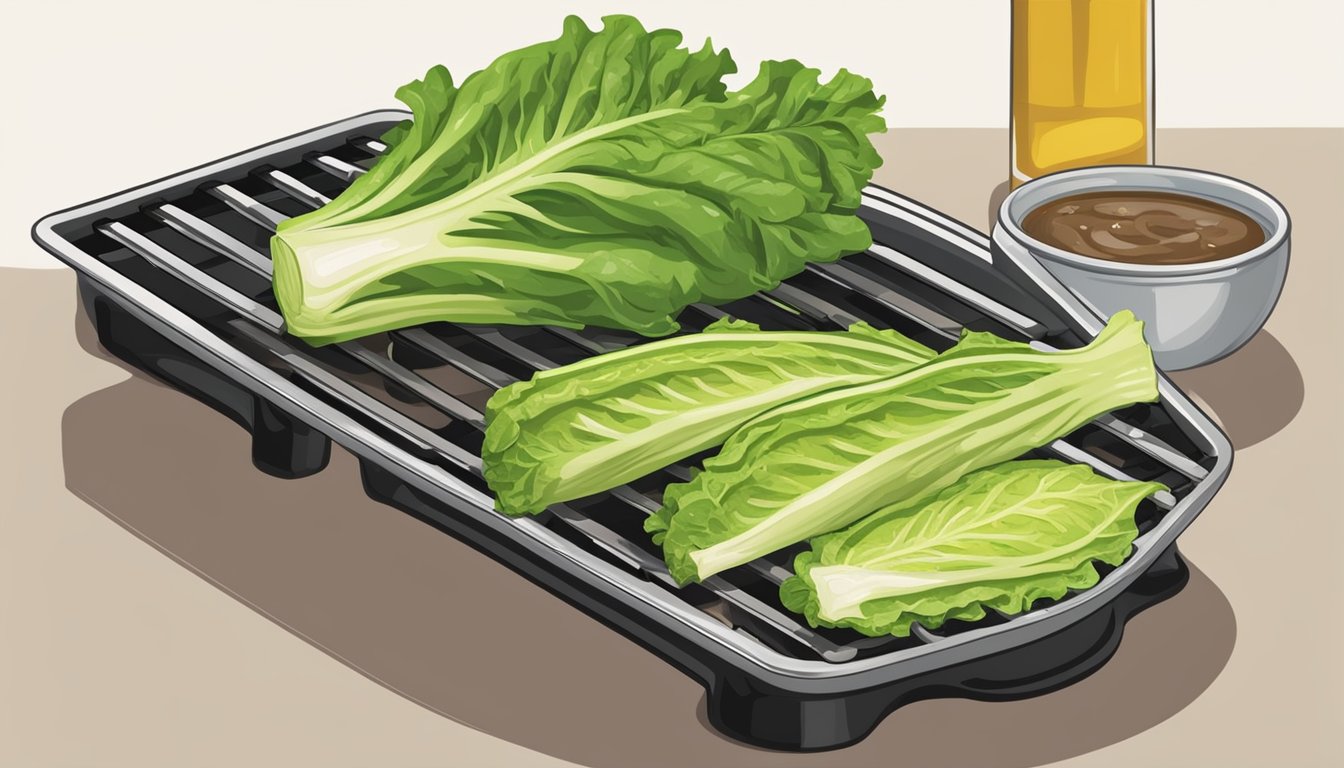 A grill with a head of romaine lettuce cut in half, brushed with oil, and placed facedown on the grates. A bottle of Texas-style dressing nearby