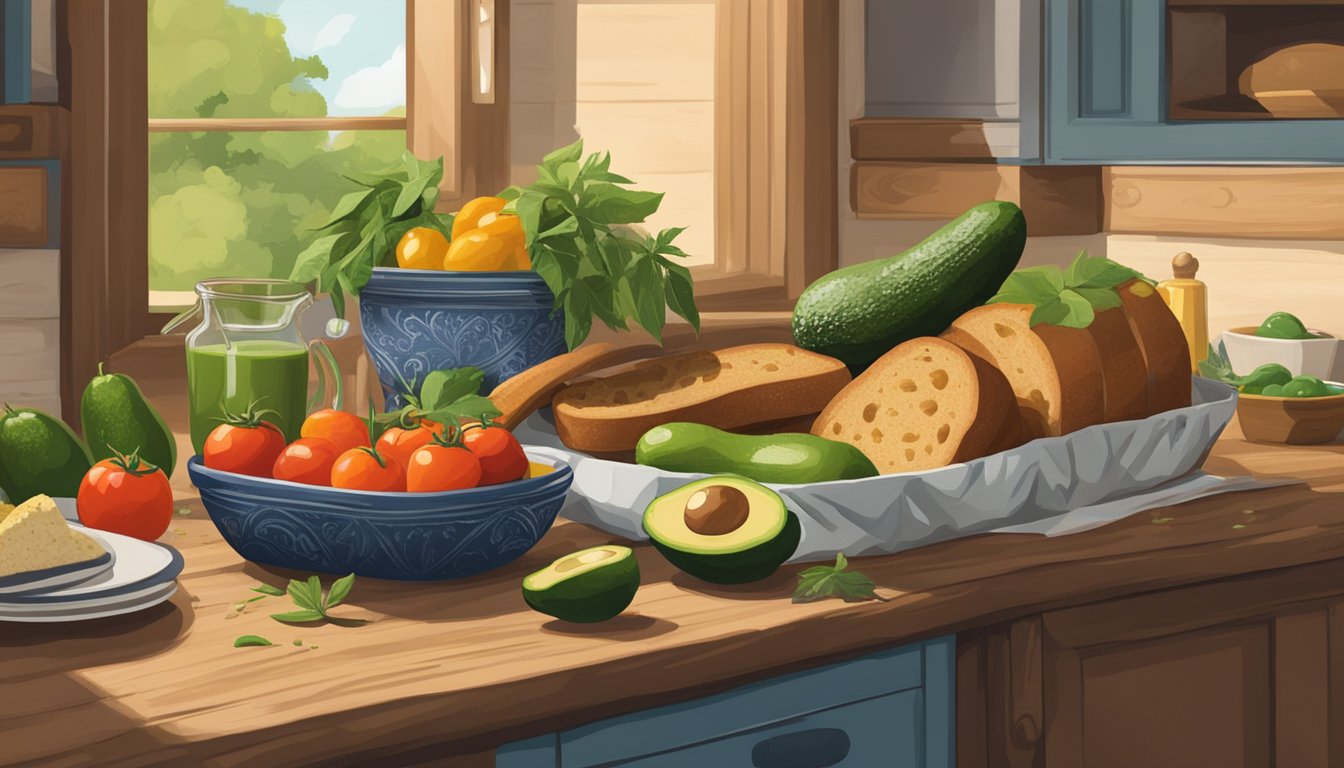 A rustic kitchen counter with ripe avocados, fresh tomatoes, jalapenos, and a loaf of hearty bread, surrounded by Texas-themed decor