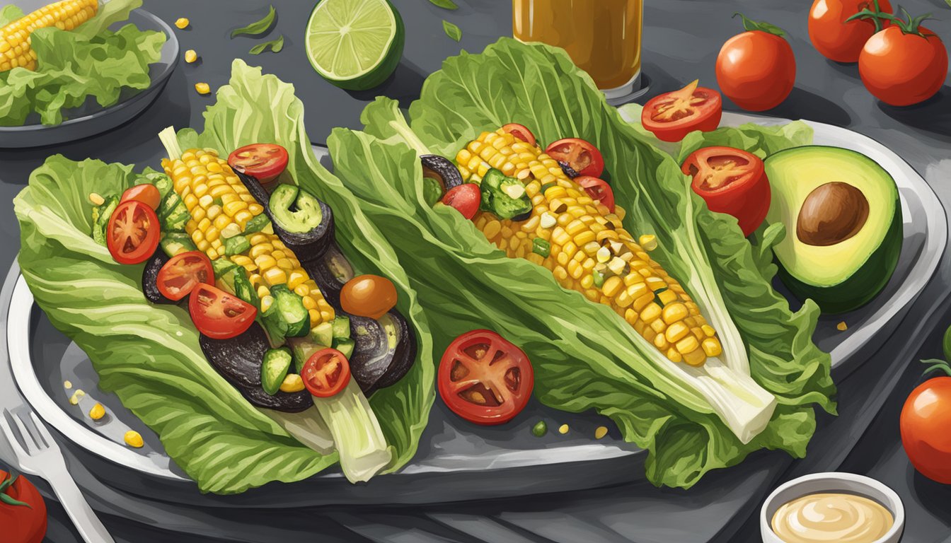 A grill with charred romaine lettuce, topped with tomatoes, corn, avocado, and drizzled with a tangy dressing