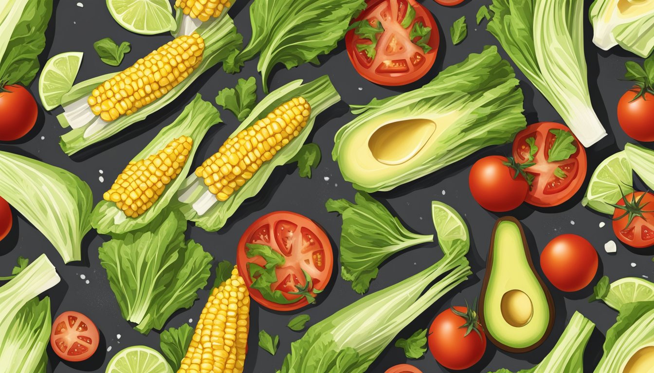 A grill with charred romaine lettuce, topped with tomatoes, corn, avocado, and a drizzle of dressing