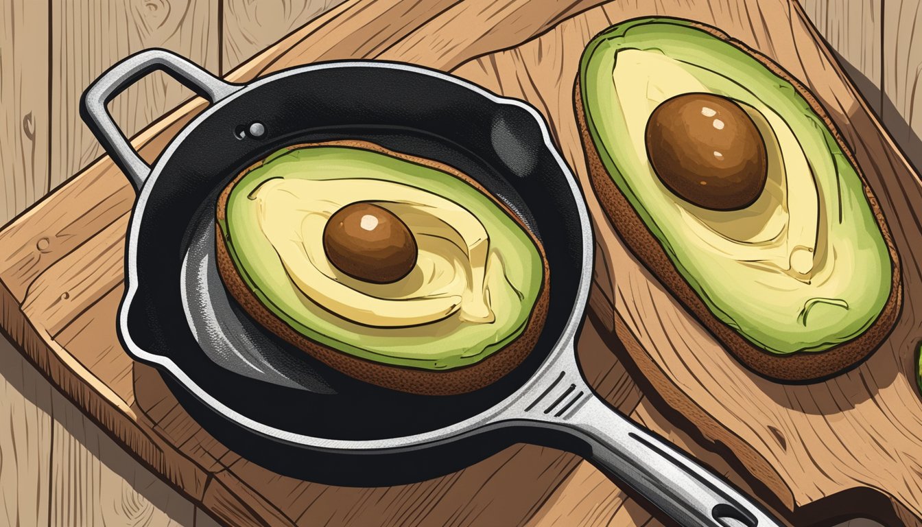 A slice of bread toasting in a cast-iron skillet while a ripe avocado sits on a wooden cutting board, ready to be mashed