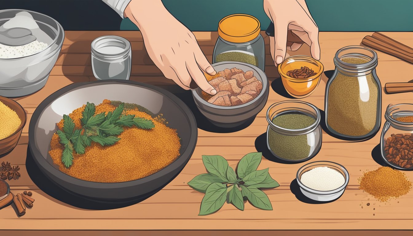 A hand mixing together a blend of spices in a bowl, with jars of various seasonings and a slab of pork belly on a wooden cutting board nearby