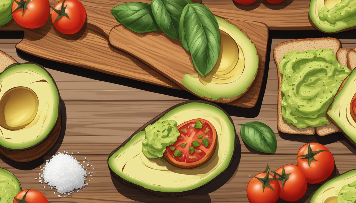 A rustic wooden cutting board holds a slice of toasted bread topped with mashed avocado, diced tomatoes, and a sprinkle of salt and pepper