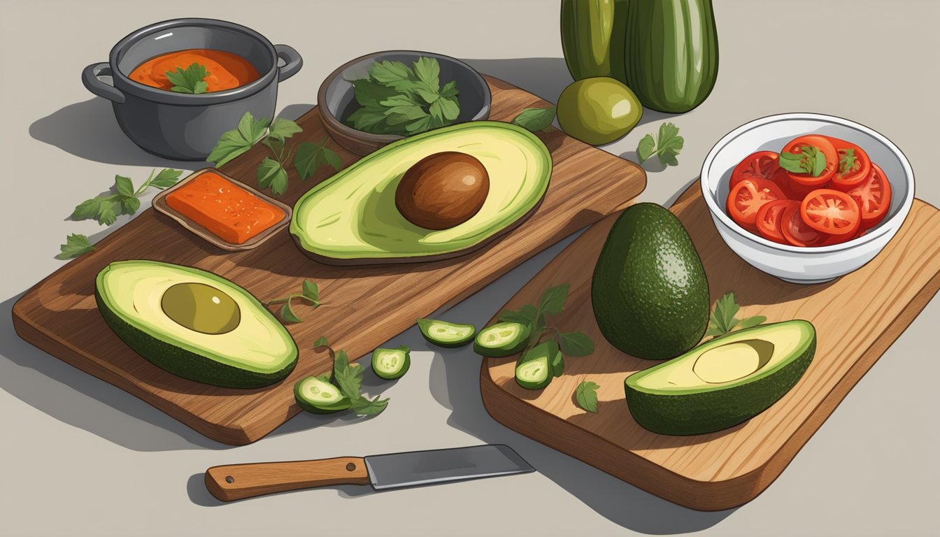 A rustic kitchen counter with ingredients for Texas-style avocado toast: sliced bread, ripe avocados, jalapeños, tomatoes, cilantro, and hot sauce