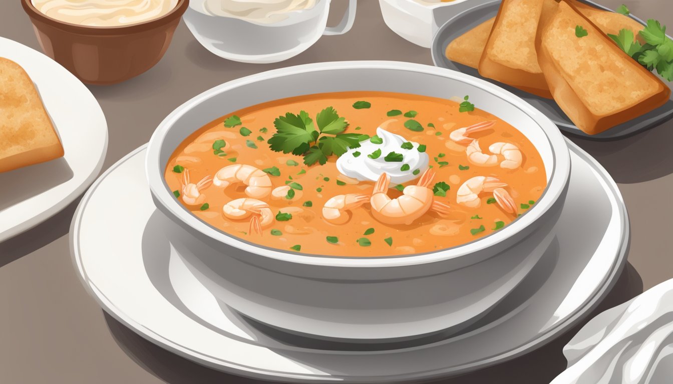 A steaming bowl of Texas-style spicy shrimp bisque with a dollop of sour cream and a sprinkle of fresh cilantro, served alongside a slice of crusty bread