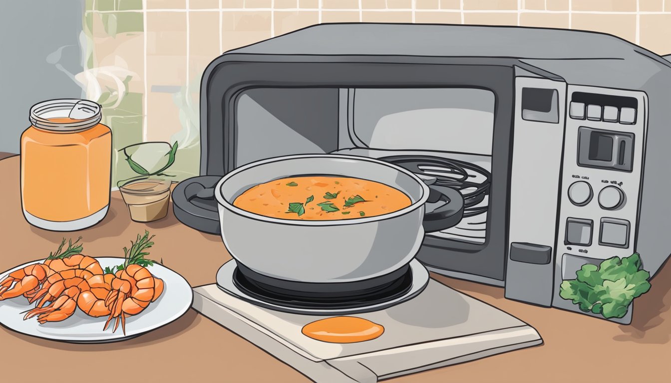 A pot of spicy shrimp bisque simmers on a stovetop. A bowl of leftover bisque sits in a microwave ready for reheating