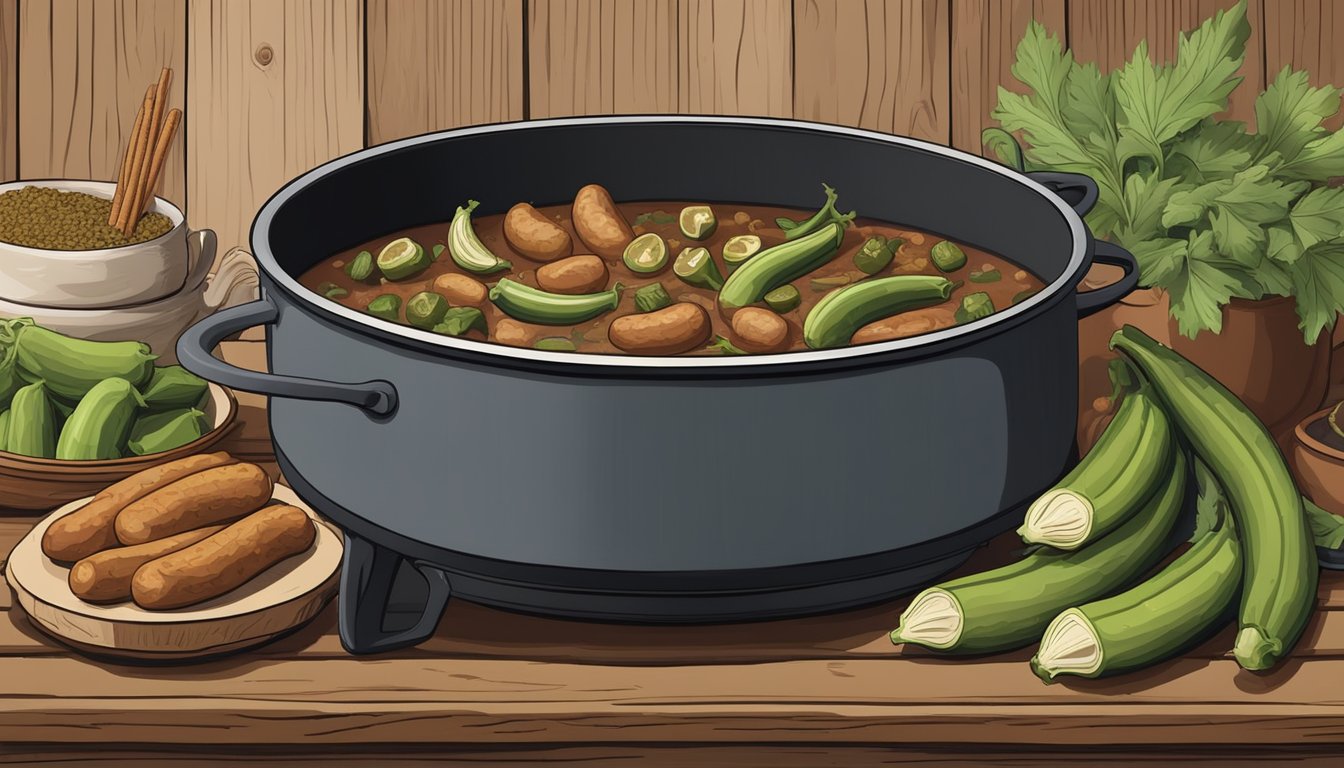 A large pot filled with simmering Texas-style gumbo ingredients, including okra, sausage, and spices, on a rustic wooden stove