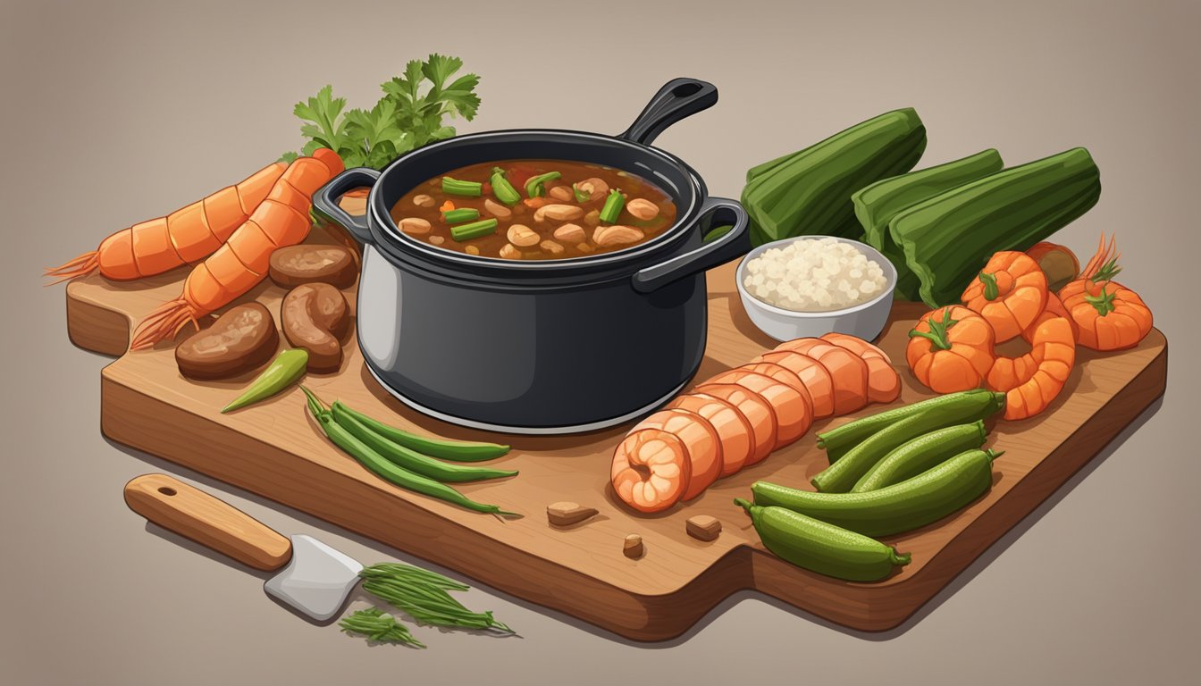 A pot simmering on a stove, filled with a rich, hearty gumbo. Ingredients like sausage, shrimp, okra, and spices are laid out on a wooden cutting board nearby