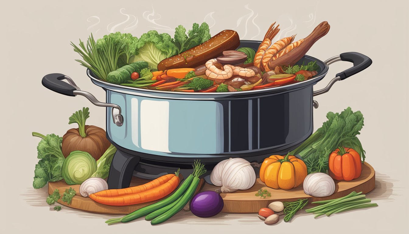 A large pot simmering on a stove, filled with a rich, dark broth and a colorful array of vegetables, sausage, and seafood. A wooden spoon stirs the mixture as steam rises