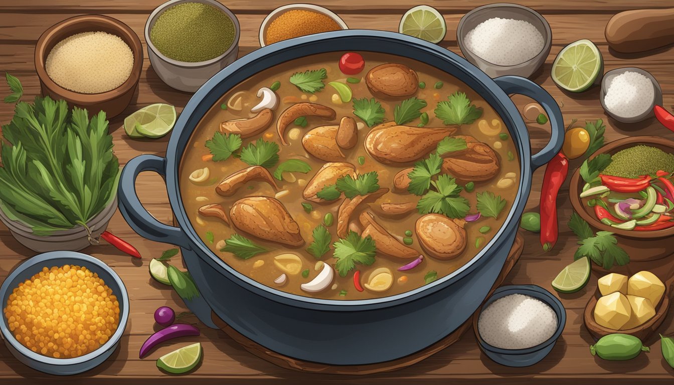 A bubbling pot of Texas-style gumbo surrounded by colorful ingredients and spices on a rustic wooden table