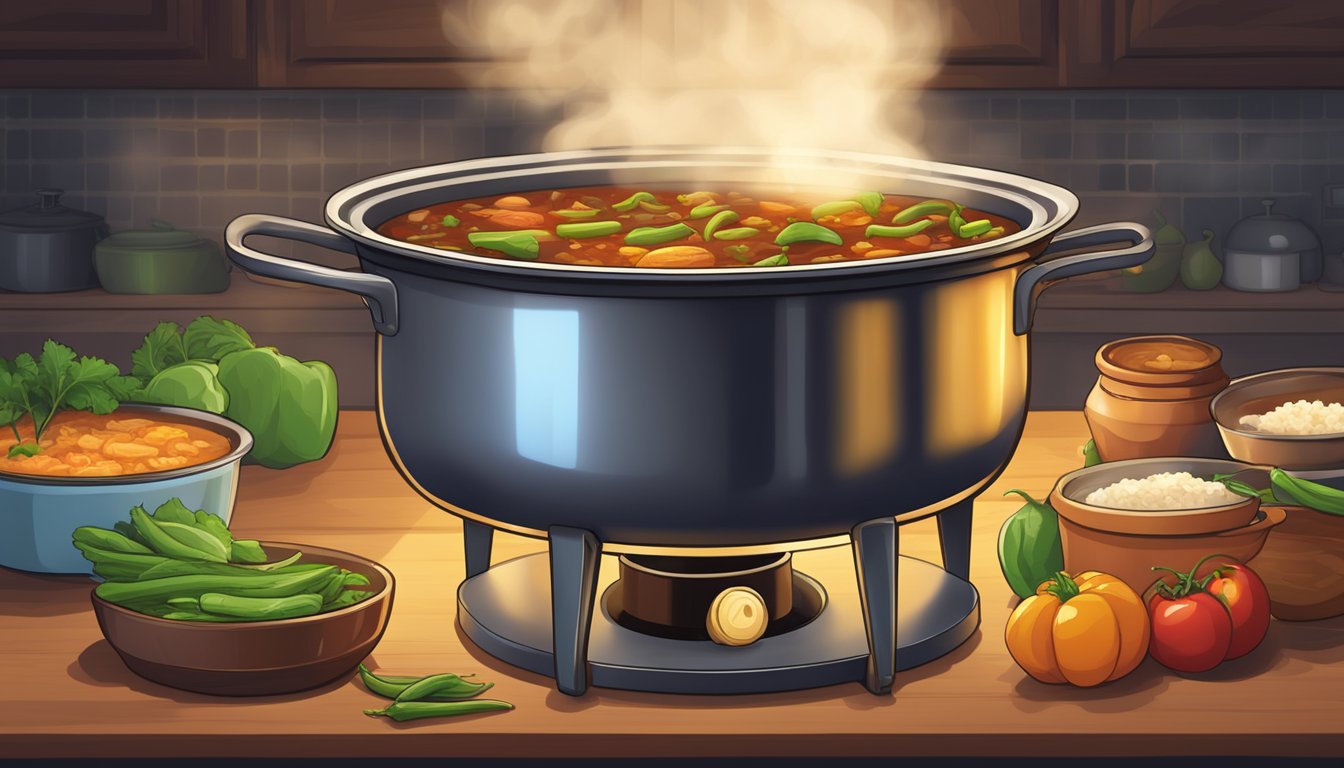 A large pot simmering on a stove, filled with a rich and spicy Texas-style gumbo. Steam rising from the pot, filling the kitchen with mouth-watering aromas