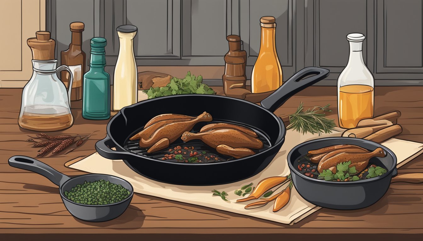 A rustic kitchen with a cast iron skillet sizzling with seasoned quail, surrounded by spices, herbs, and a bottle of barbecue sauce