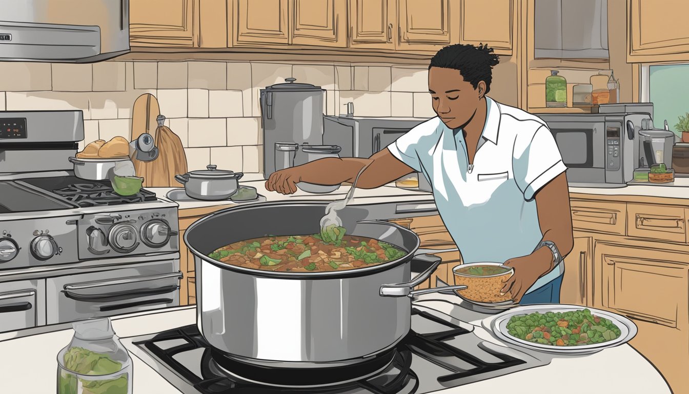 A steaming pot of Texas-style gumbo sits on a stove, surrounded by various containers and a microwave. A person is seen transferring the gumbo into smaller containers for storage