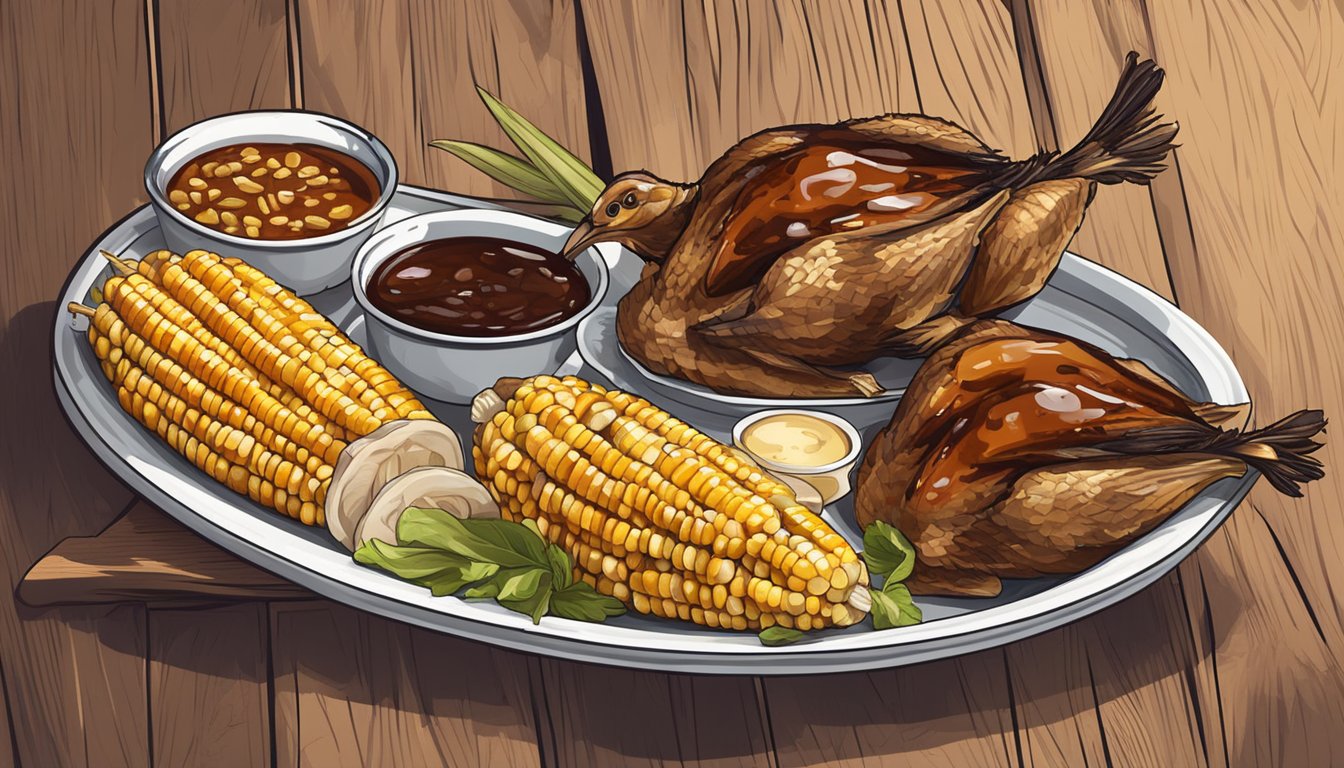 A platter of roasted quail with a side of grilled corn and a drizzle of barbecue sauce, set on a rustic wooden table