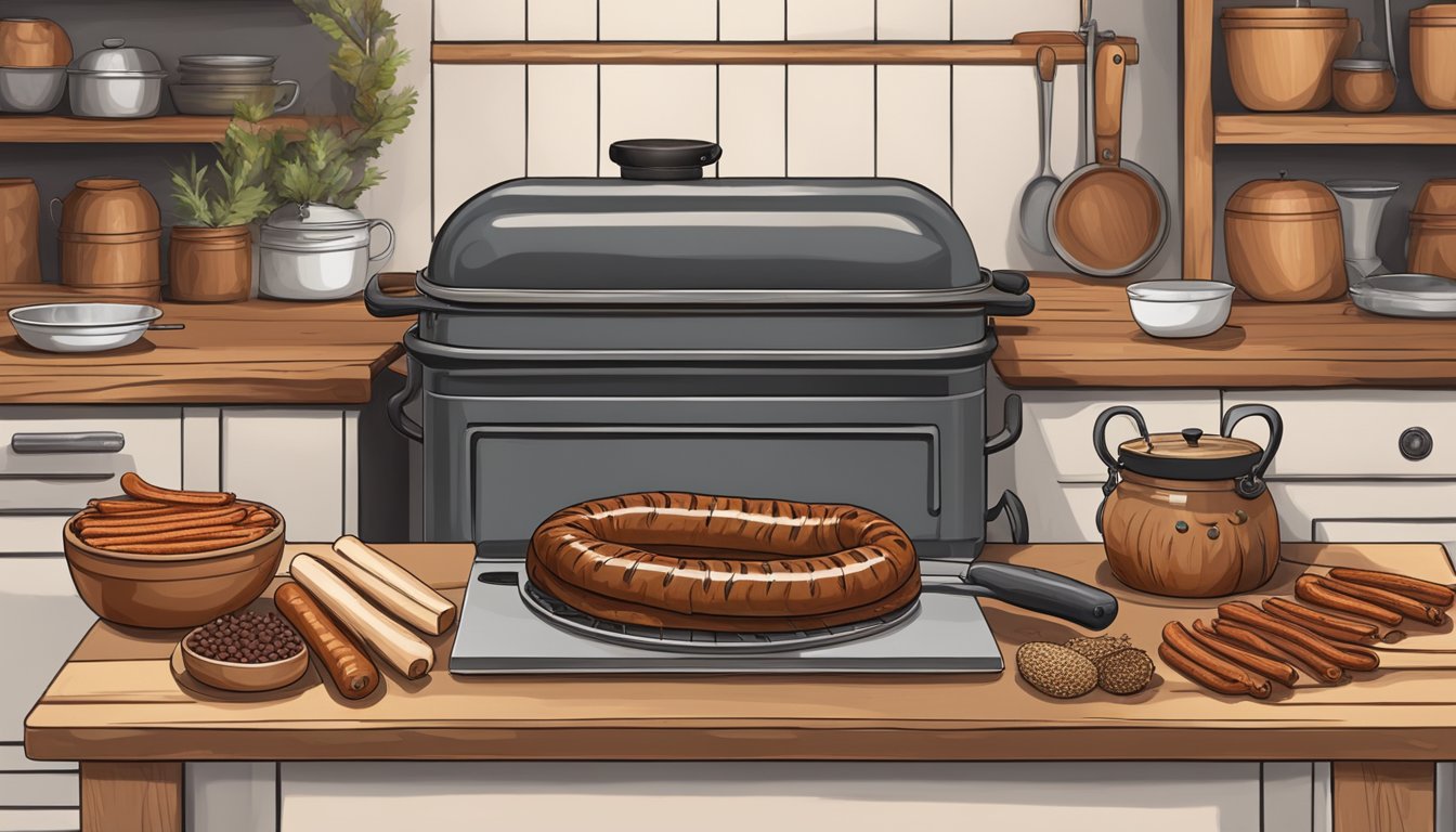 A rustic kitchen with a wood-burning smoker, a cutting board with spices, and a coil of Texas-style smoked sausage links