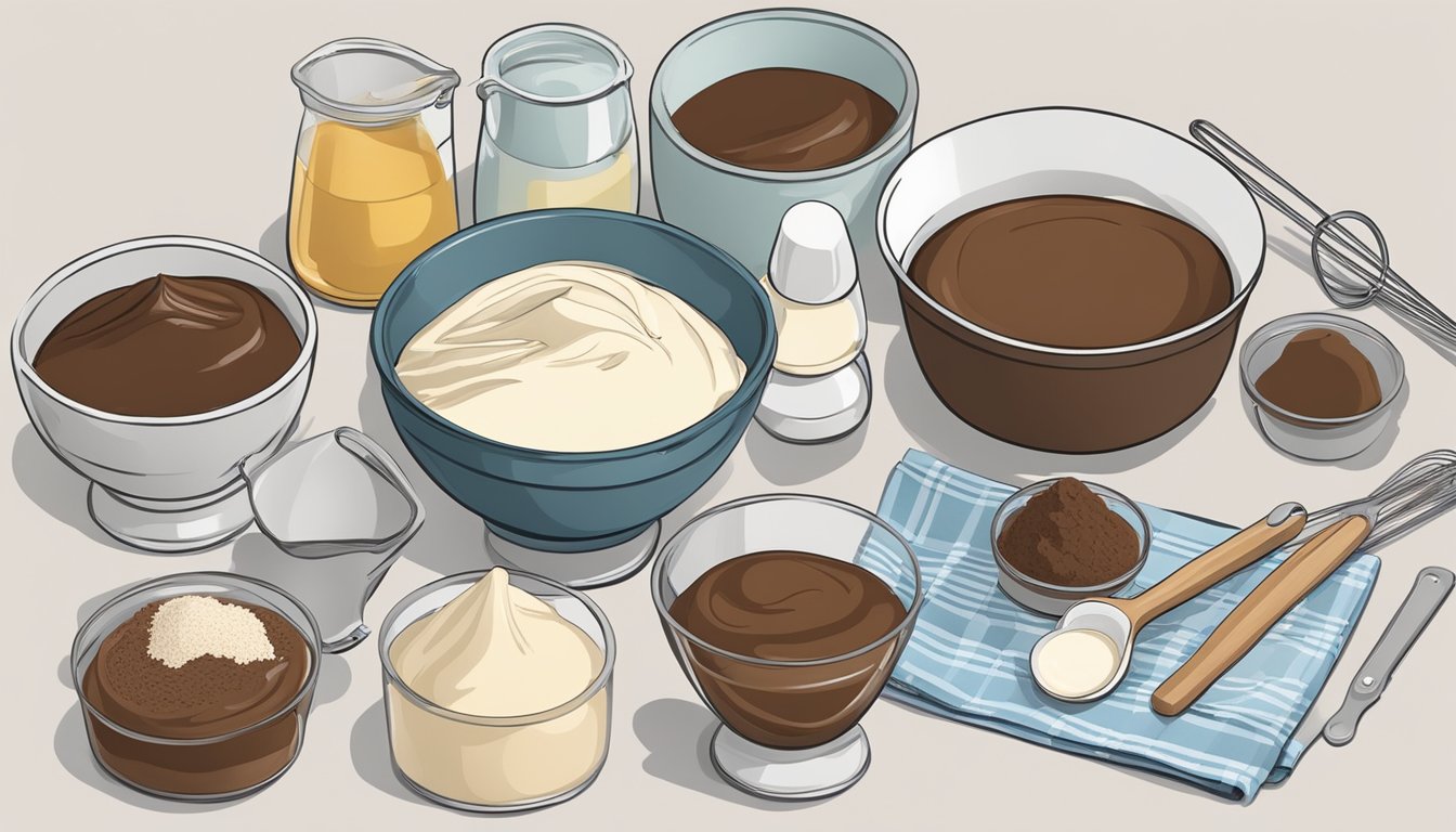 A kitchen counter with a mixing bowl, whisk, measuring cups, and ingredients like chocolate, cream, and sugar laid out for making Texas style chocolate mousse