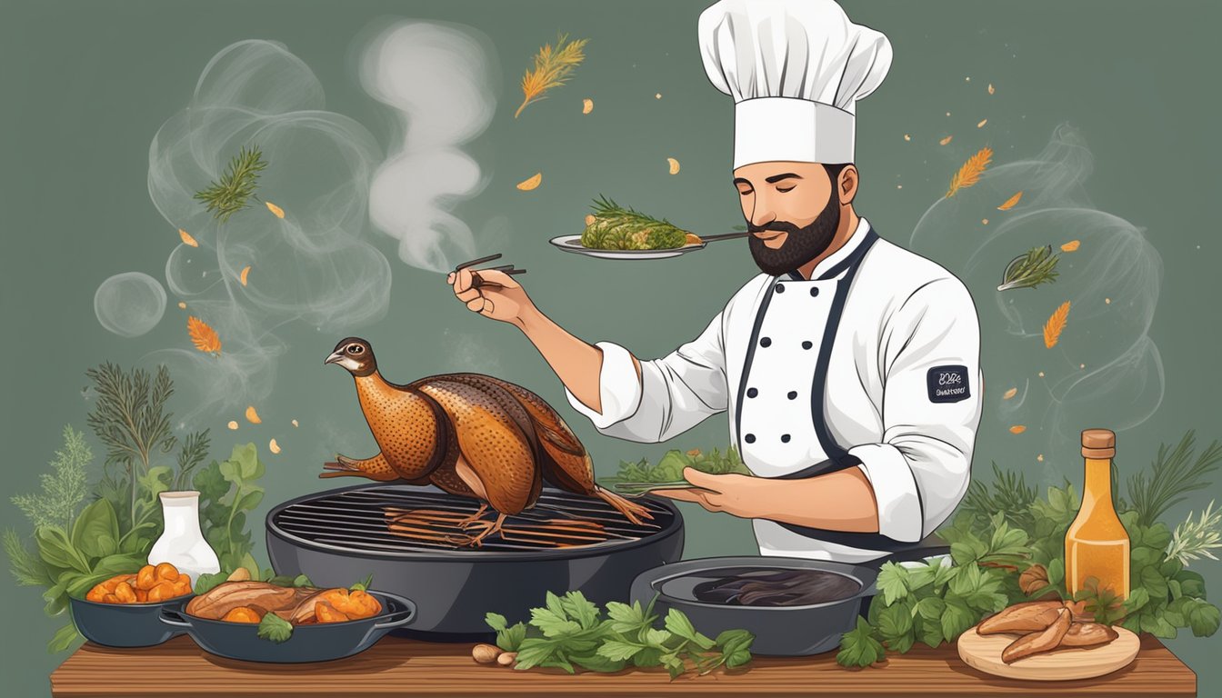 A chef seasons and grills a whole quail over a smoky barbecue, surrounded by fresh herbs and spices